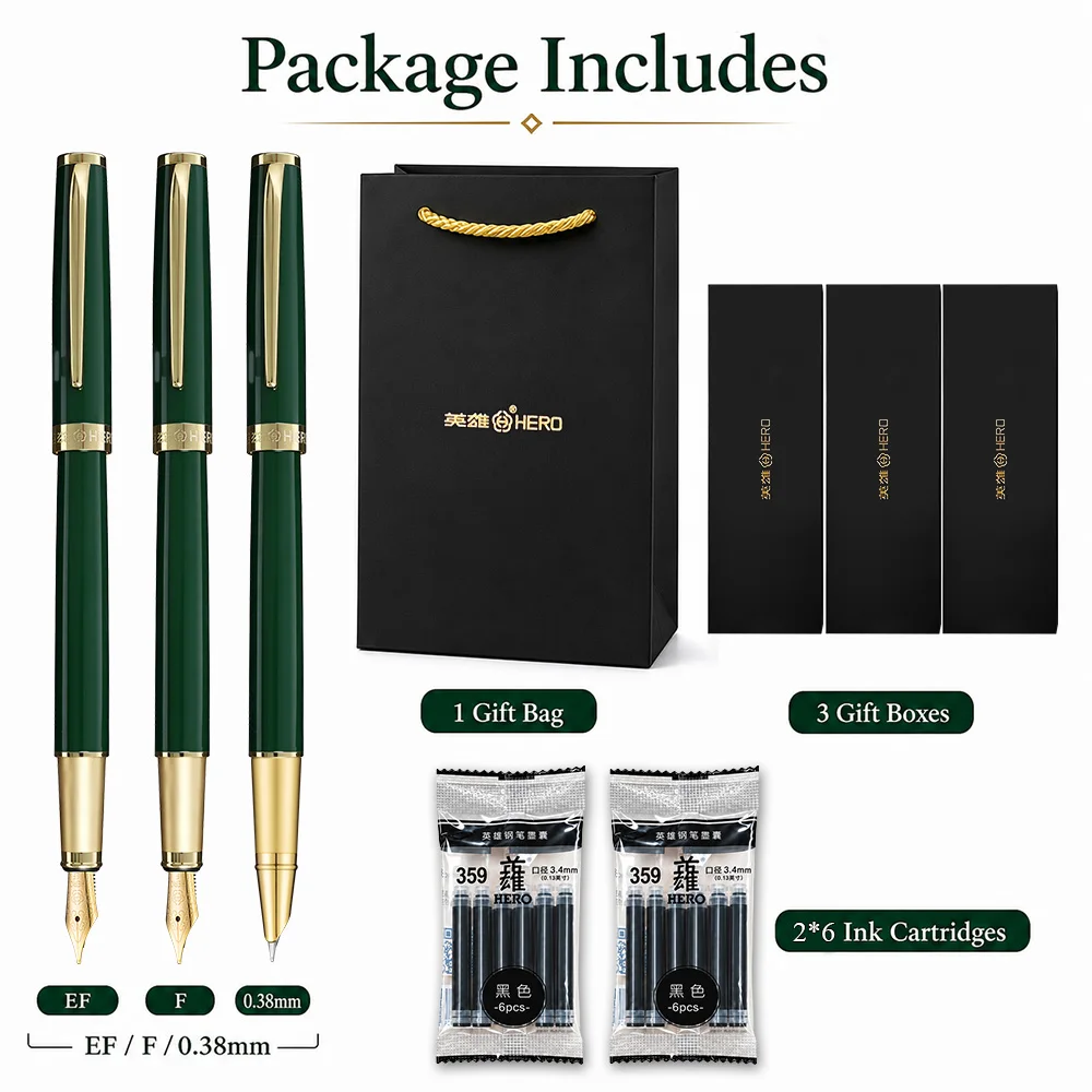 HERO P108 Moss Green Iridium Nib Fountain Pen Set, Ink Cartridges, Gift Box & Handbag, Smooth Writing Luxury Stationery Gift