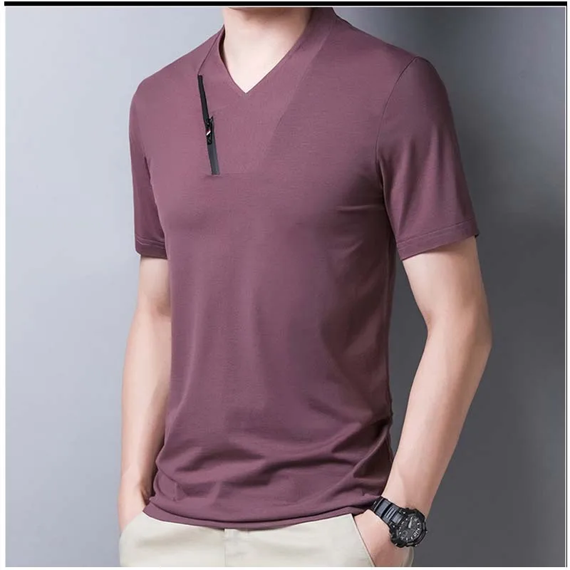 Summer Men's Short-sleeved T-shirt Zipper Collar Handsome Top Korean V-neck Mercerized Cotton T-shirt Trend Men's Clothing