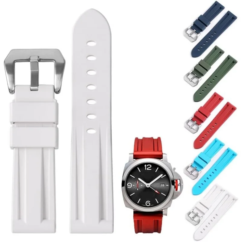 22mm 24mm 26mm Premium Waterproof Rubber Strap for Panerai Luminor Submersible White Steel Buckle Men's Replacement Watch Band
