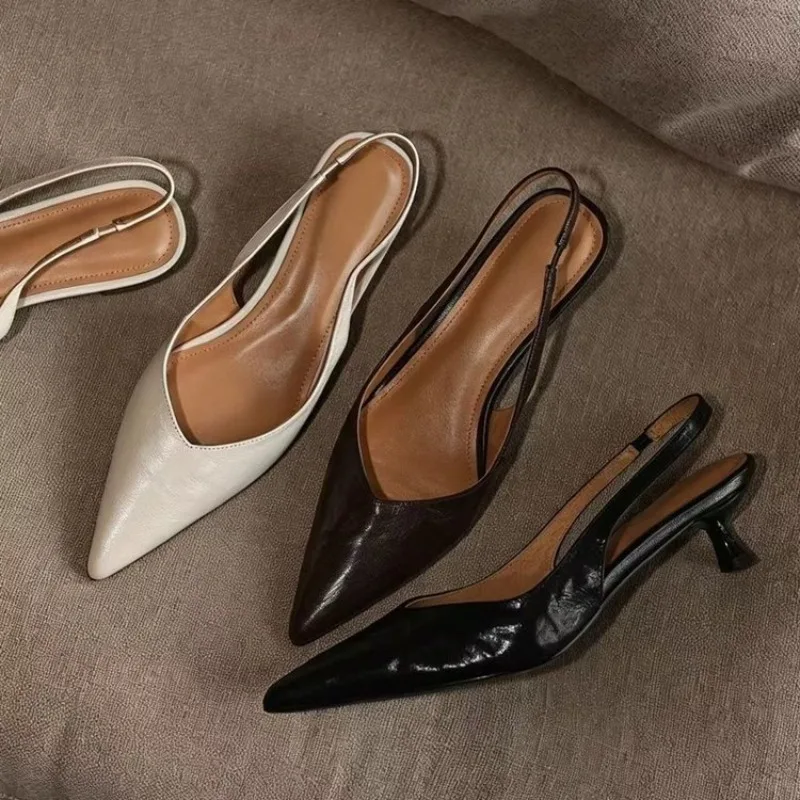 Sandalias de mujer elegantes de tacón bajo, estilo mule, con punta, para verano, de moda, con tira trasera, de tacón medio fino, zapatos de vestir tipo mule.
