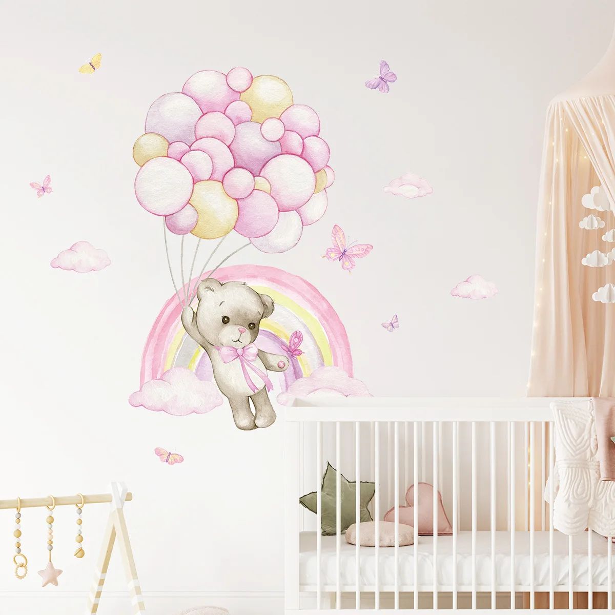 Cartoon Bear Rainbow Balloon Wall Stickers for Girls Room Kids Bedroom Background Wallpaper Baby Nursery Room Wall Decals Murals