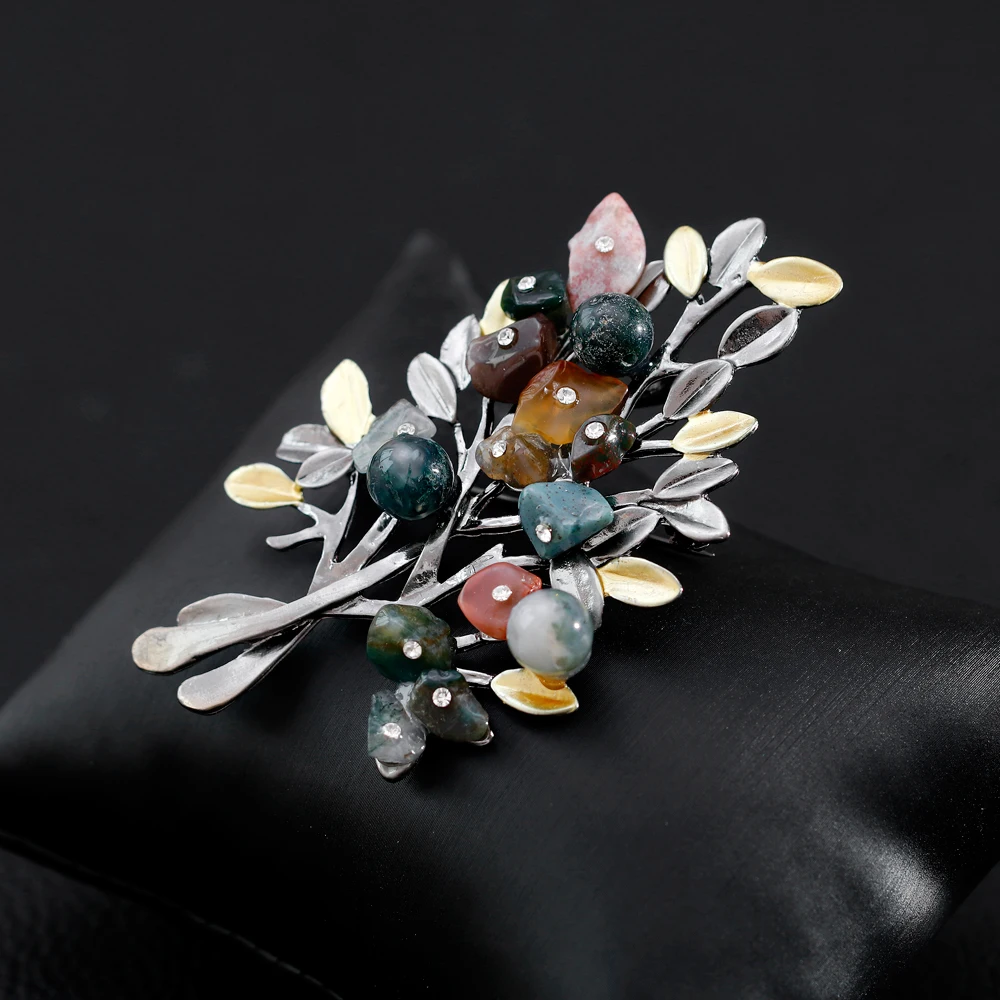 Women Retro Natural Stones Tree Brooches Pearl Stone Leaf Big Brooch Jewelry Accessories Clothing Wholesale New Arrival