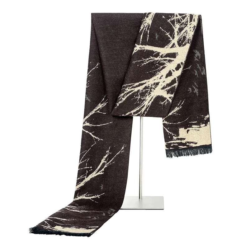 Splash Ink Tree Branch Scarf Autumn and Winter Men Long Scarf Simple and Generous Neck Business Casual Tassels Warm Scarves