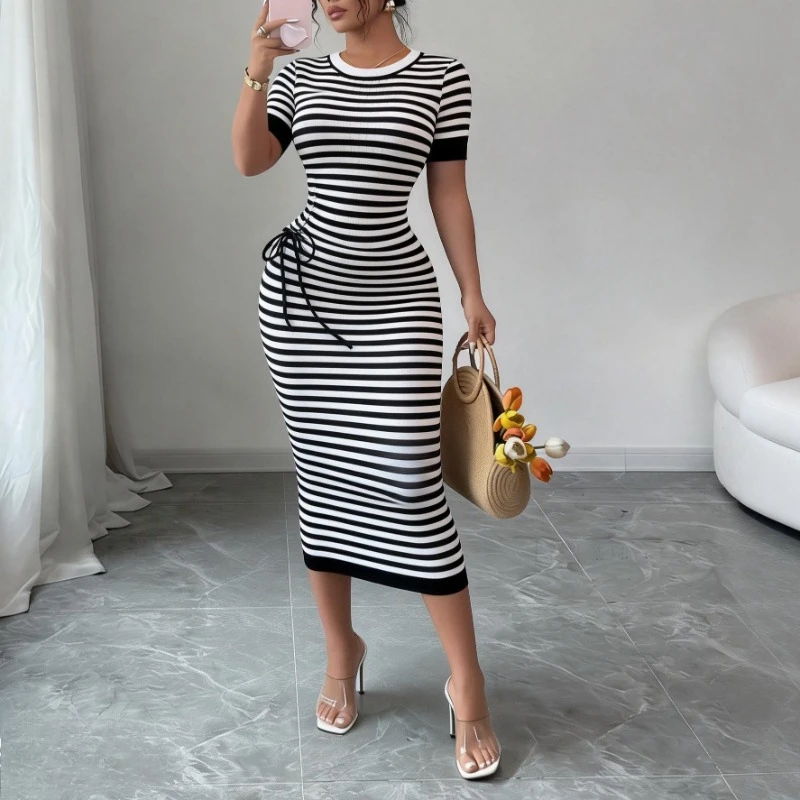 

Женское черное полосатое платье-сарафан с круглым вырезом, коротким рукавом и завязками, эластичное, в рубчик, облегающее, макси, для летних вечеринок