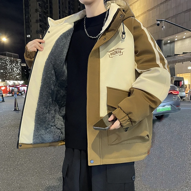 

High Streetwear Fleece Liner Warm Hooded Jacket 2025 Autumn Winter Casual Windproof Plush Coat Outdoor Thick Padded Top Clothing