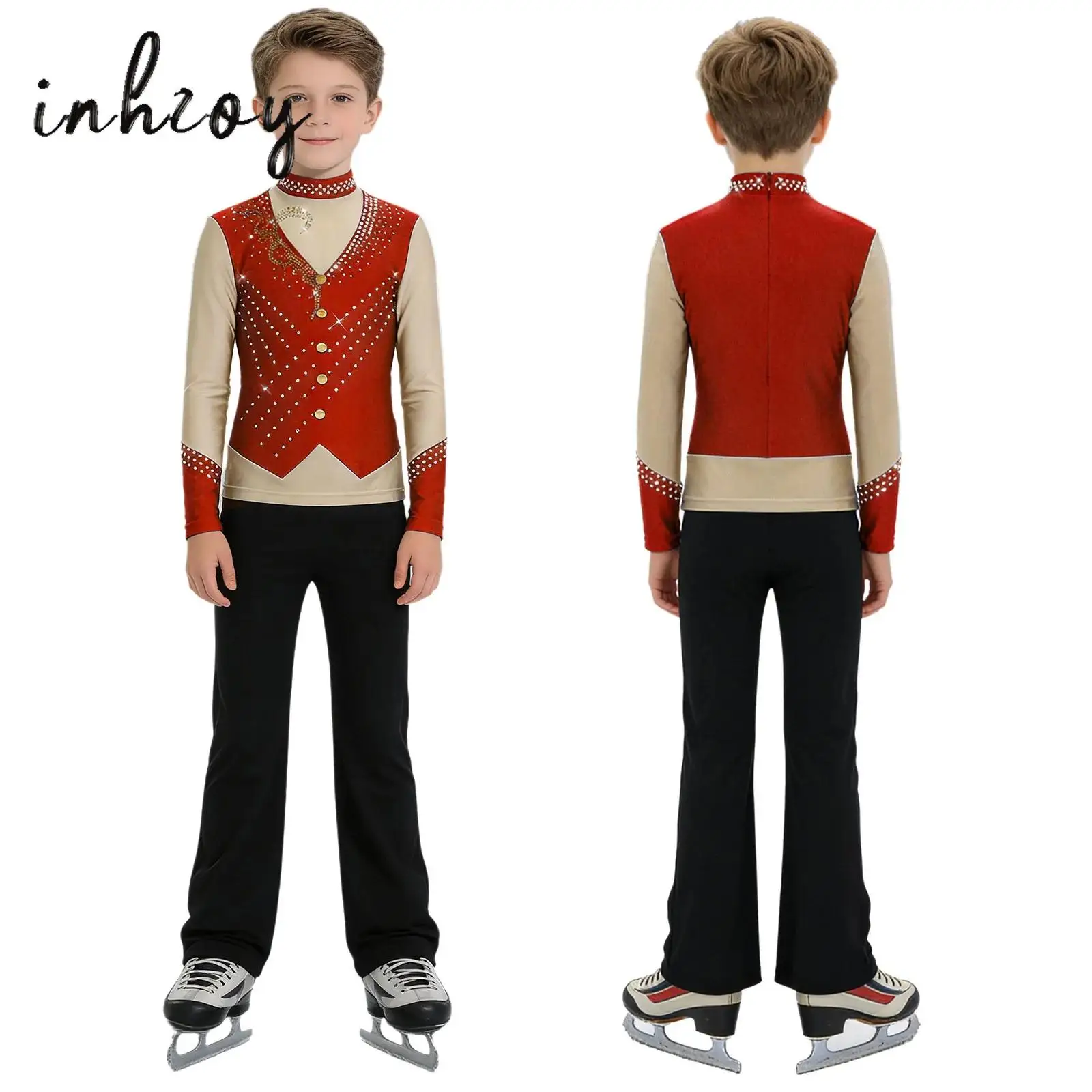 

Kids Boys Girls Figure Ice Skating Performance Costumes Outfit Sparkly Rhinestones Long Sleeve Zipper Top with Pants Jazz Sets