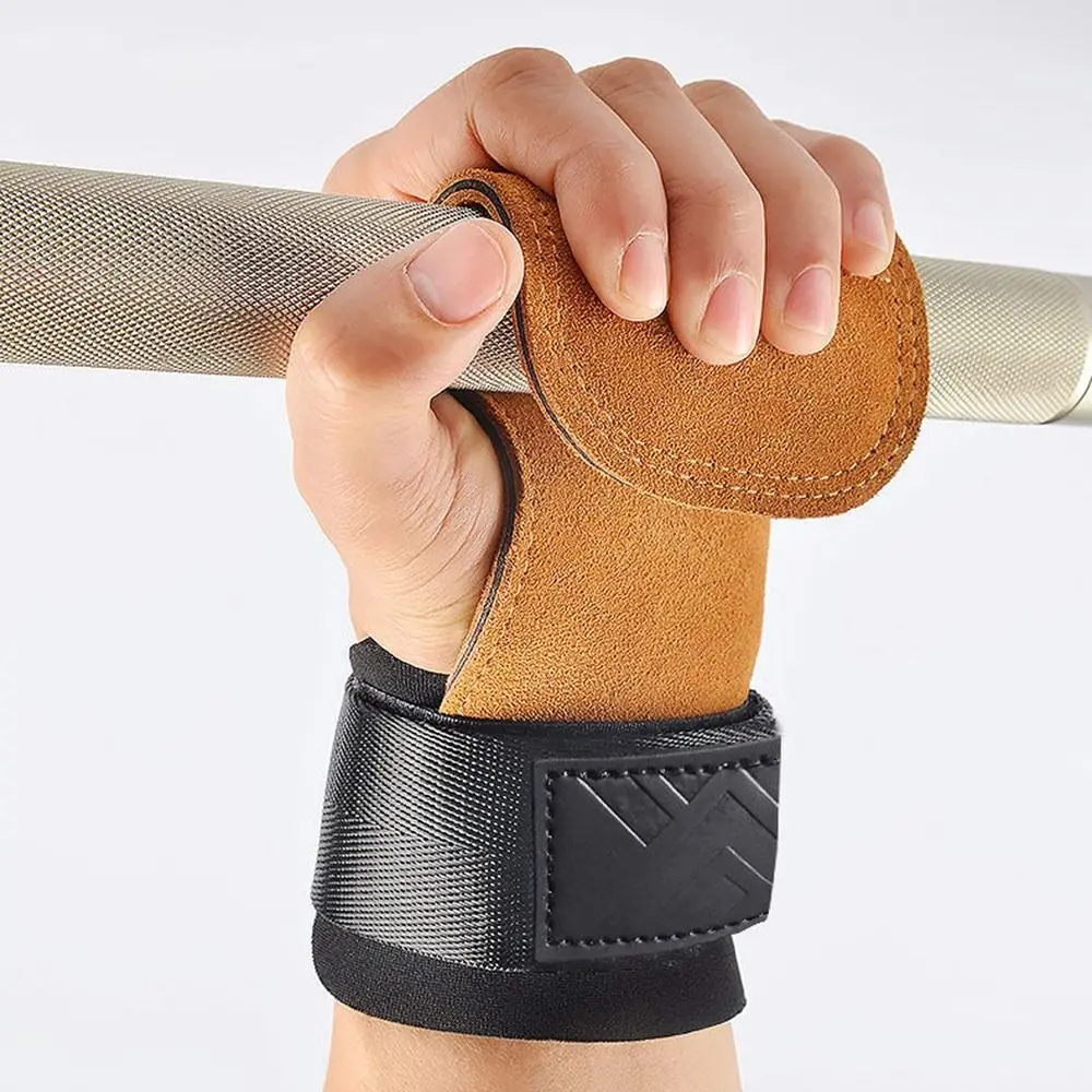 Double Layer PU Leather Gloves Wrist Strap Cowhide Palm Weight Lifting Gloves Anti-Skid Grip Pads Pull-Up Gloves