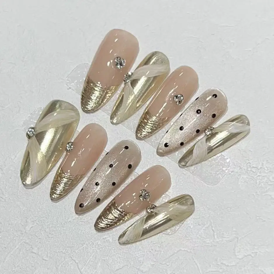 10Pc Long Dot Almond Handmade Press on Nails Mirror French Ballet Fake Nails with Ribbon rhinestone Retro Design False Nail Tips