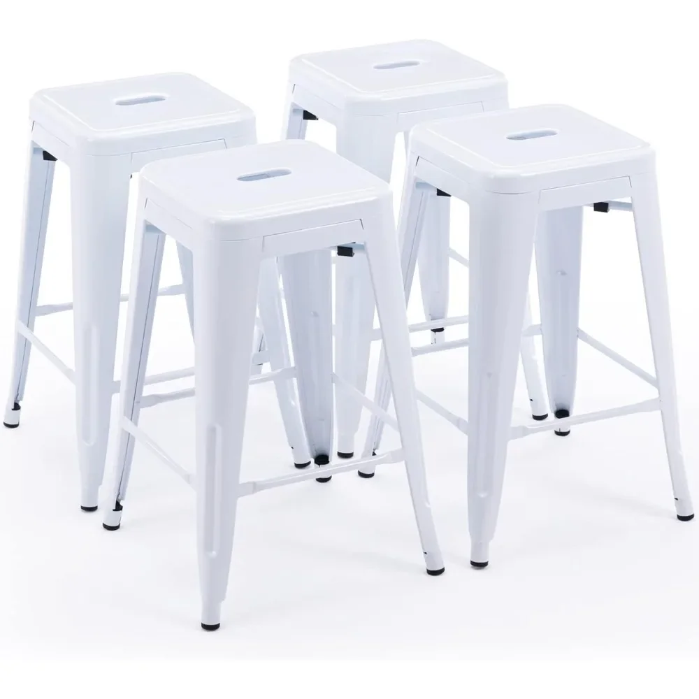 

24" Bar Stools White Backless Metal Barstools Indoor-Outdoor Counter Height Stools with Square Seat, Set of 4.