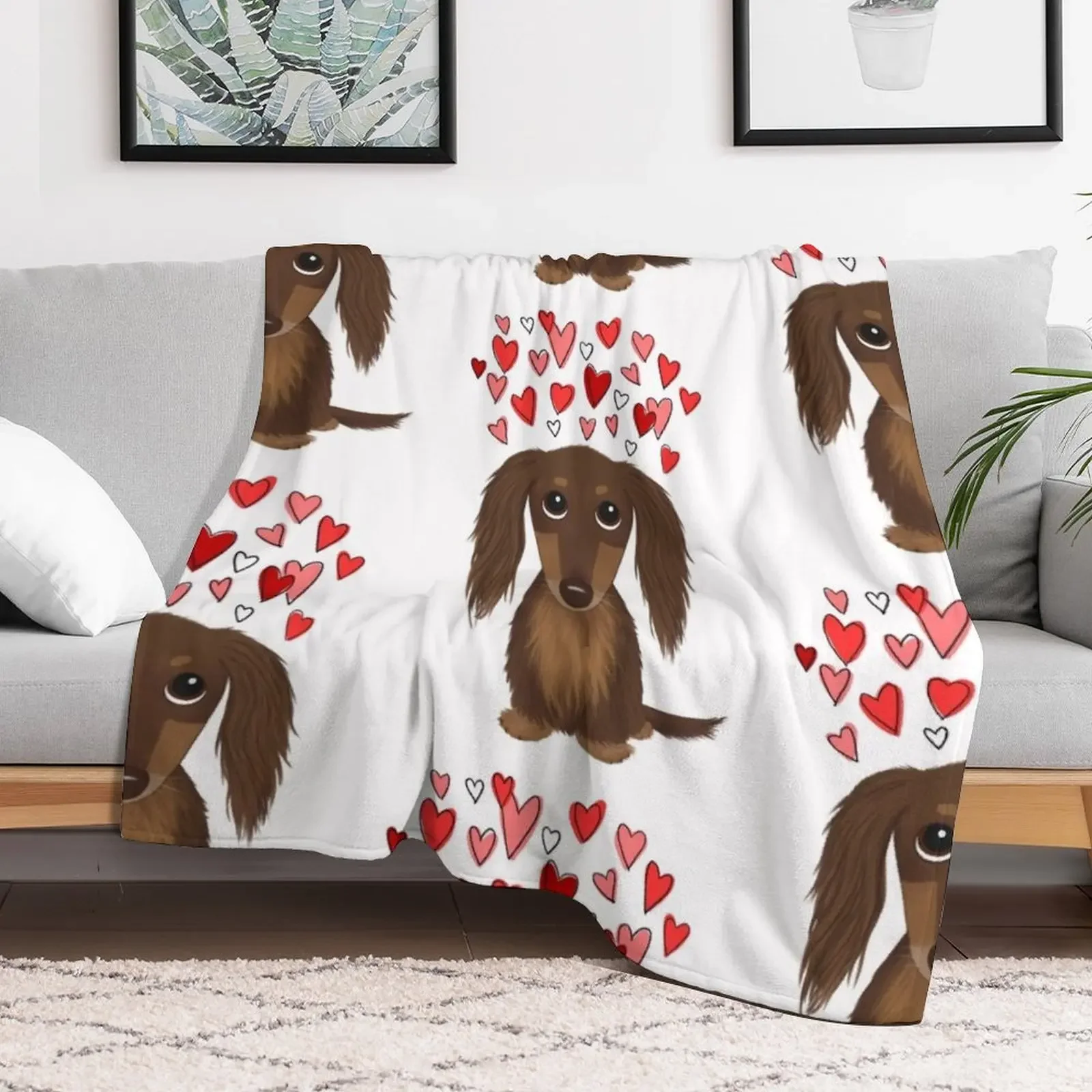 Hearts Dog Longhaired Chocolate Dachshund Cartoon Dog with Valentine Hearts Throw Blanket Hairy warm for winter Blankets