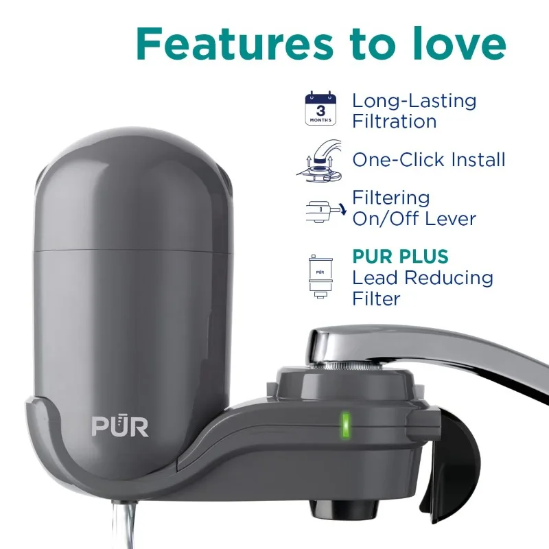 PLUS Faucet Mount Water Filtration System, 3-in-1 Powerful, Natural Mineral Filtration with Lead Reduction, Vertical, Grey