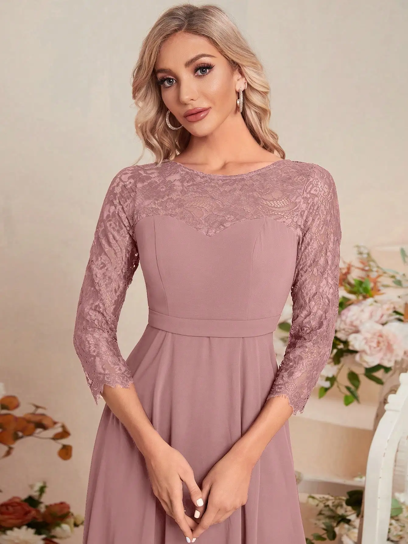 Unithorse Elegant Contrast Lace Chiffon Bridesmaid Dress