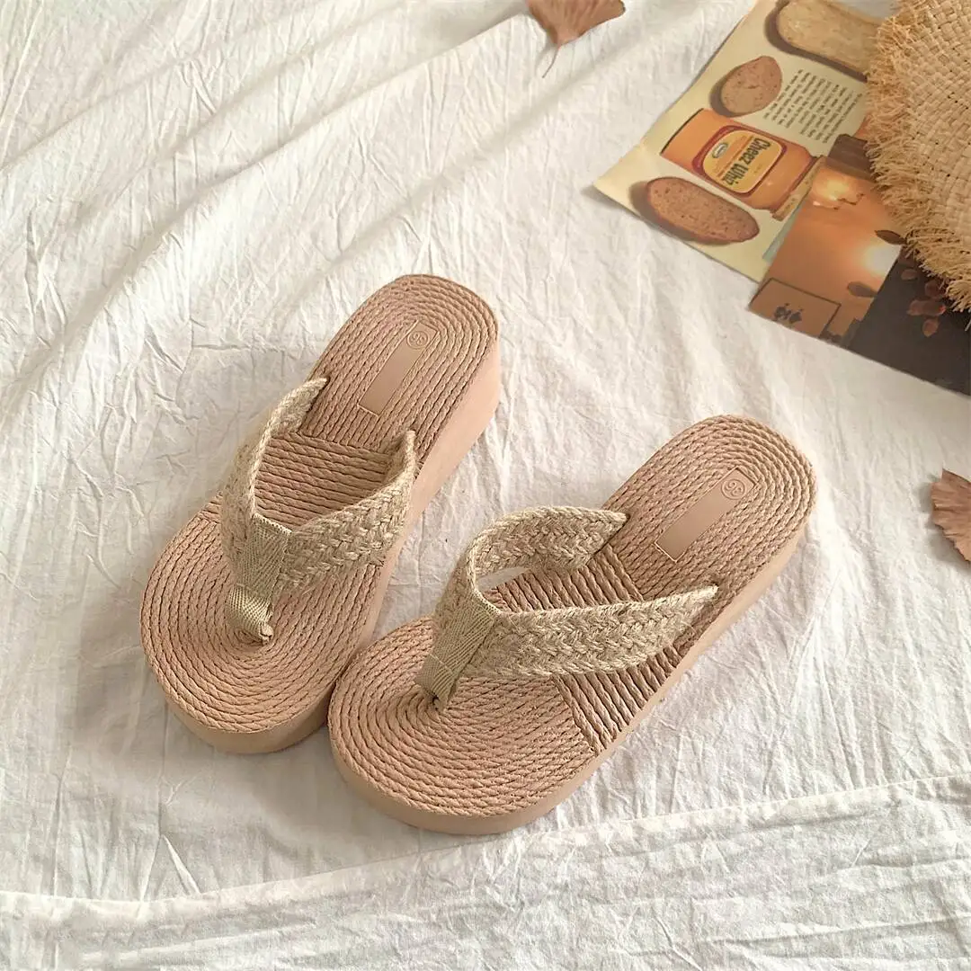 

2025 Summer Women's Dafa Girl Flip Flops Handmade Cotton-Linen INS Korean Vacation Style Thick Soled Anti Slip Thong Sandals