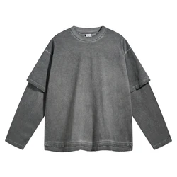 2024 T-shirt a maniche lunghe in due pezzi finta tinta in massa per uomo Felpe vintage alla moda in difficoltà lavate da donna Abiti oversize