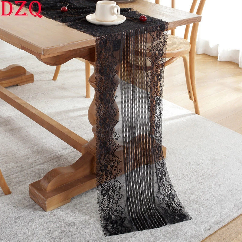 French Elegance White/Black Lace Table Runner Living Room TV Cabinet Embroidered Flowers Lace Tablecloth Wedding Deco Q013