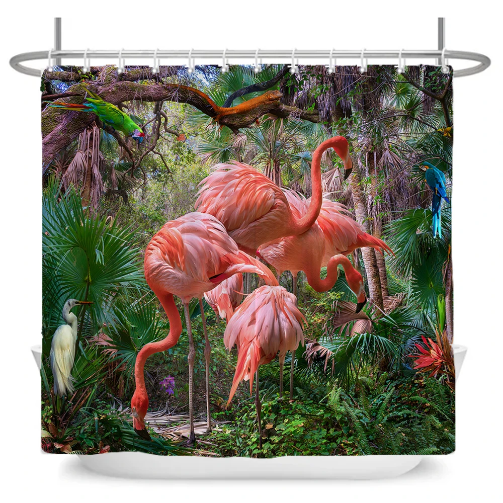 Pink Flamingo Shower Curtain Printed Tropical Plant Flowers Polyster Bathroom Curtain Home Decor Curtain with Hooks Wall Cloth