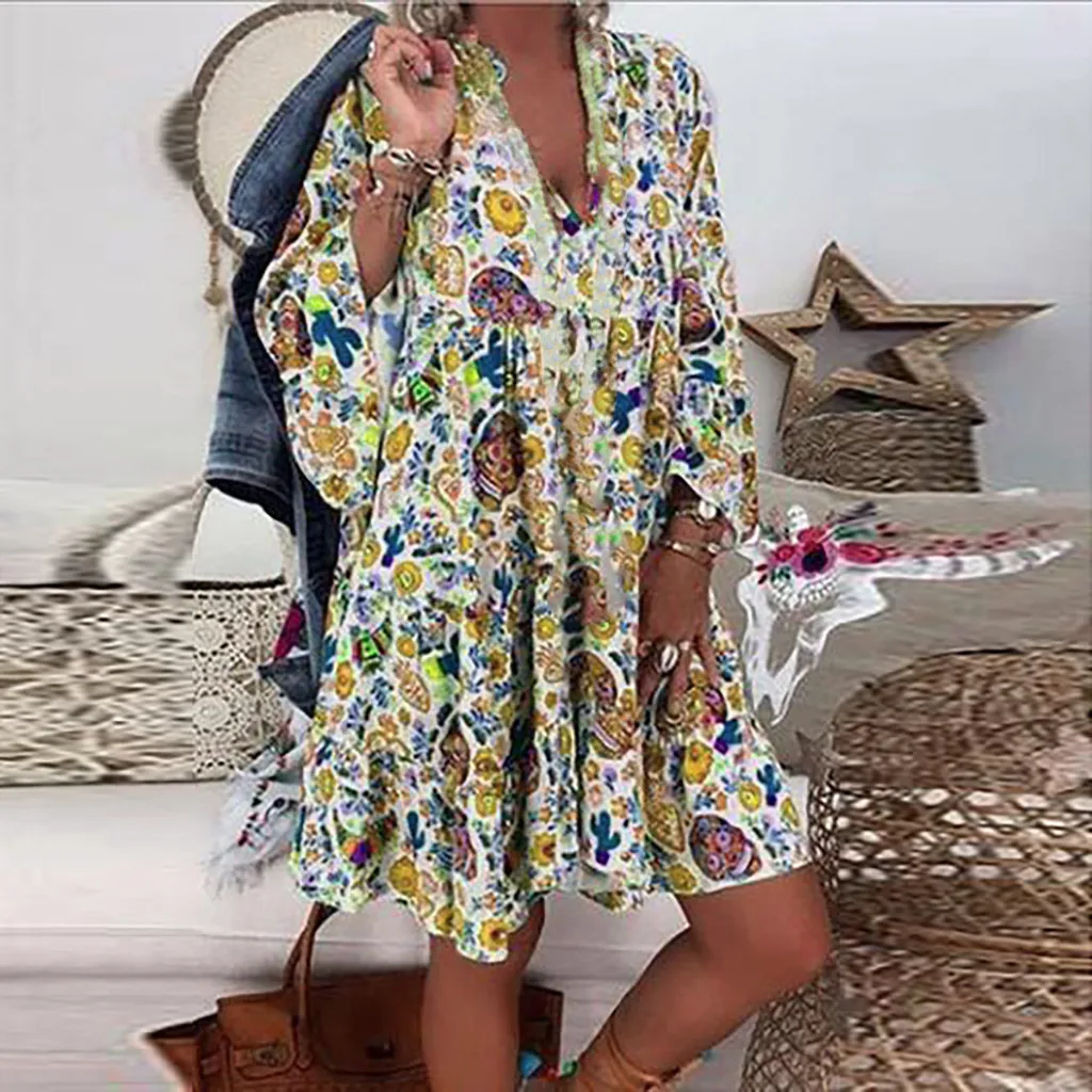 Fashion Button Loose Floral Print Ladies Long Sleeve Women'S Plus Size Mini Dress V-Collar Women'S Holiday Party Dress