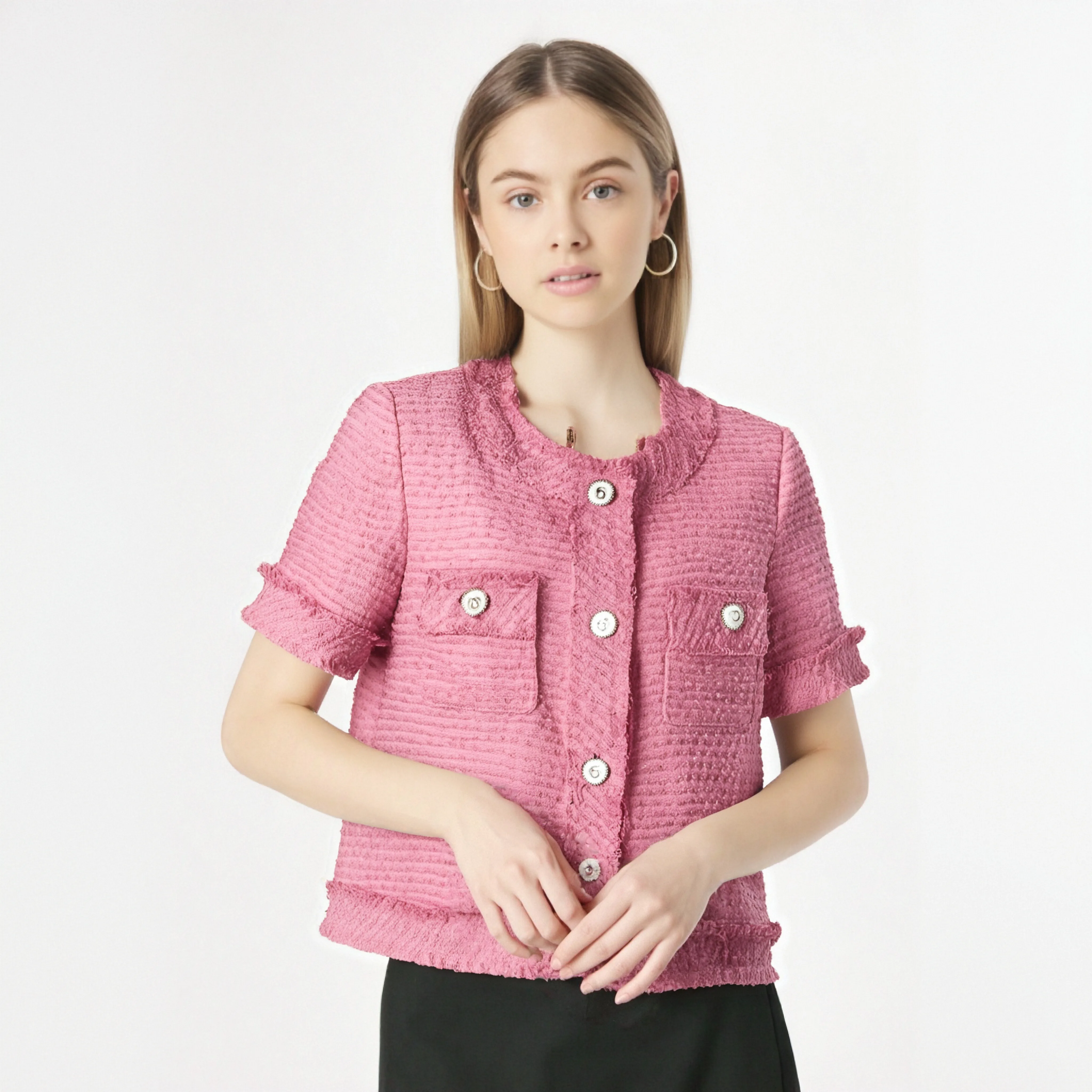 

Элегантная розовая куртка с короткими рукавами и кисточками по краям бахромой, уменьшающая возраст, тонкий модный топ в ароматном стиле для женщин