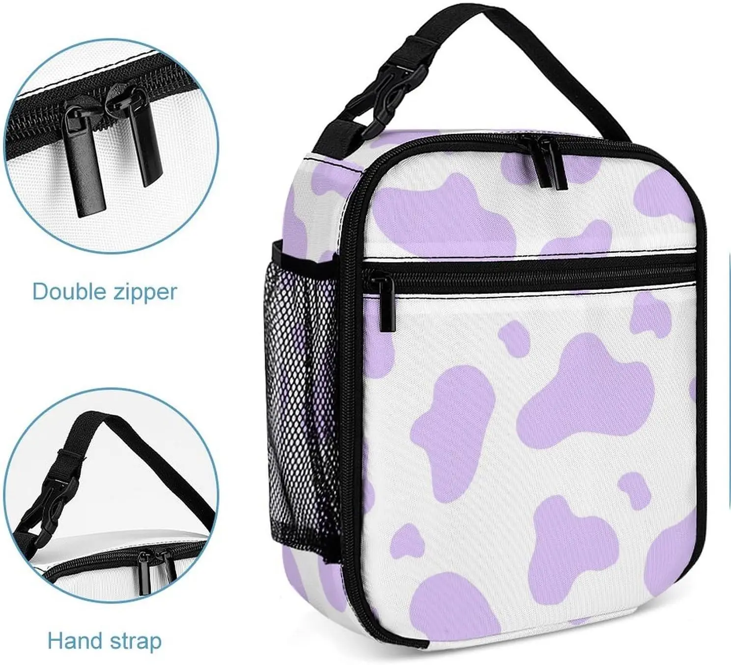 Men Women Adults Cute Cow Print Purple Art Lunch Box Food Bag for Work Office Outdoor Picnic Meal Prep, Multi-Purpose