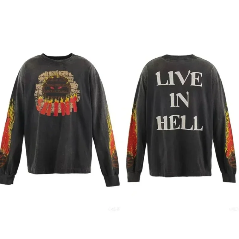 25SS Pure Cotton Saint Michael Hip Hop Hoodies Men Women 1:1 Washed Black Flame Pattern Long Sleeved T Shirts