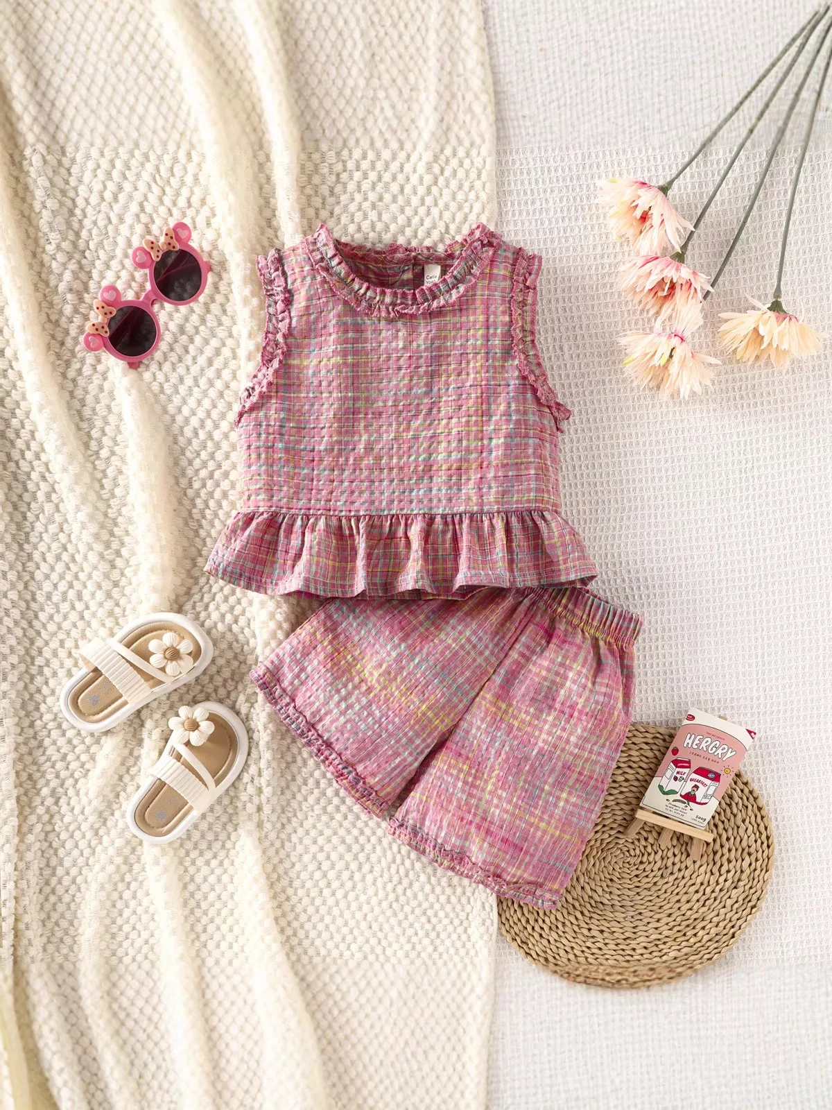 3-6Y Summer Casual Children Clothing Set Pink Girls Plaid Ruffle Trim Sleeveless Top+Shorts Set Breathable 2Pcs Outfit