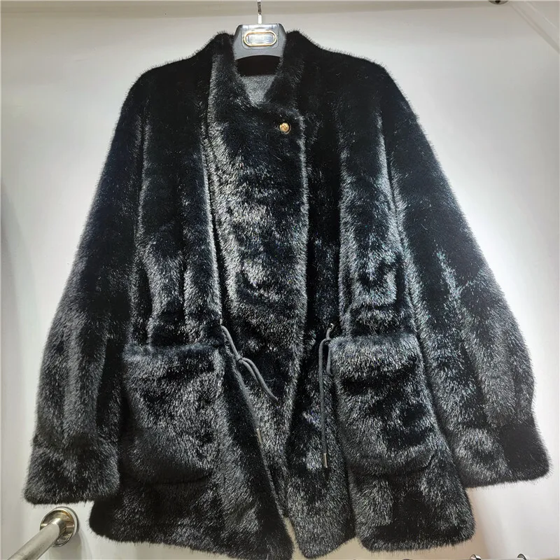 HKSH automne hiver nouveau manteau en fausse fourrure cordon taille-collant poches couleur unie pardessus de luxe élégant veste à la mode HK12969