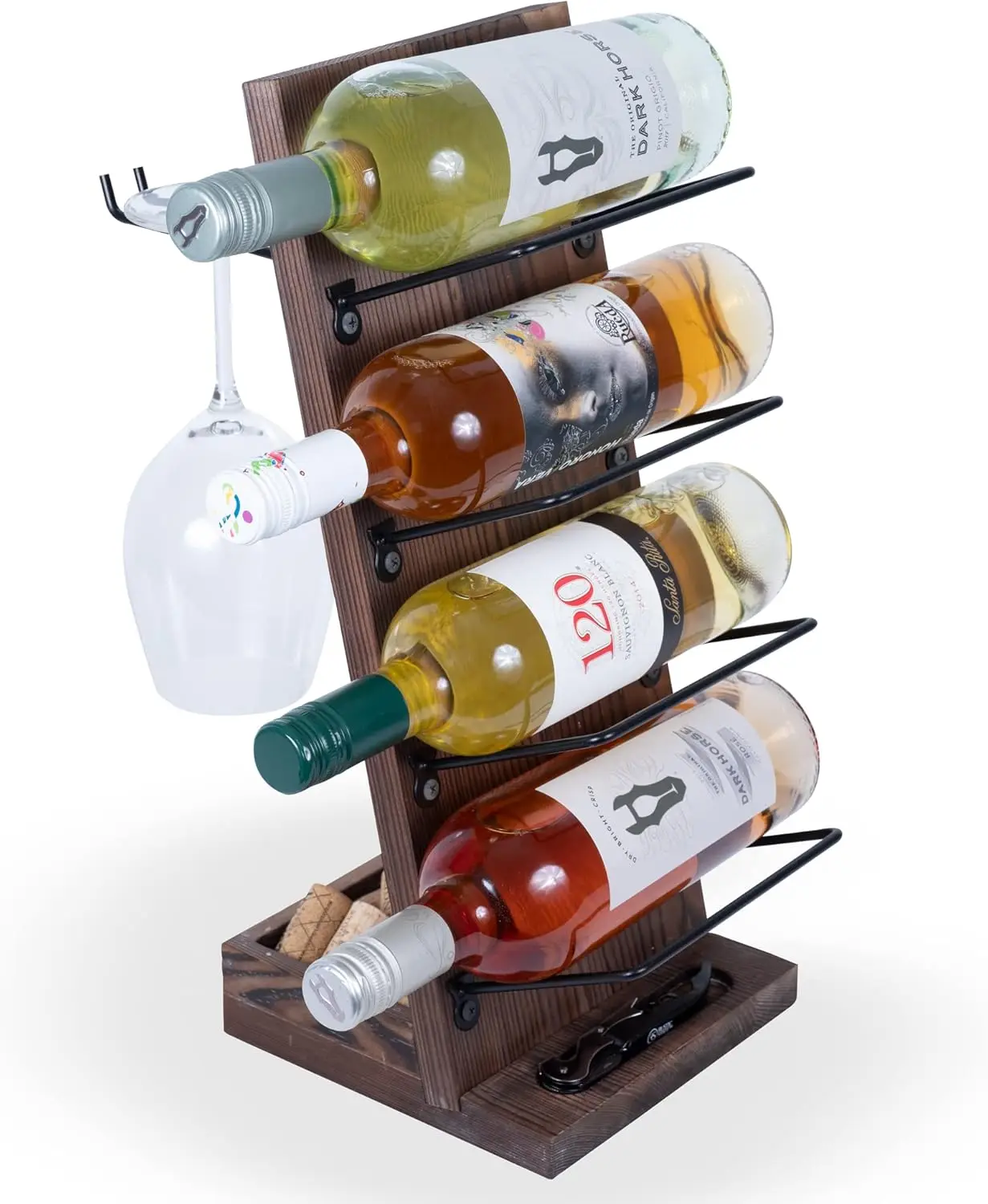 

Rueda Tabletop for 4 Bottles with 2 Stemware Glass Holder and Cork Storage Countertop Tray Freestanding Bar Organize