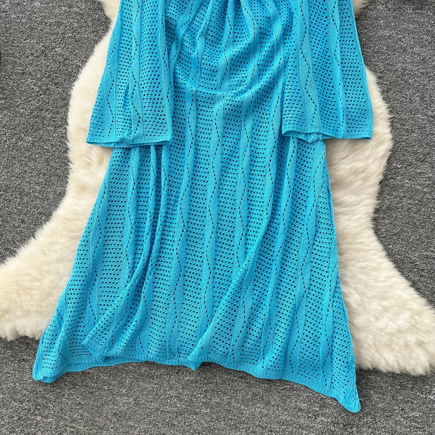 홀리데이 스타일 아우터와 속이 비치는 크로셰 니트 블라우스 스커트, 세련된 스탠드 넥 플라워 V넥 시스루 드레스