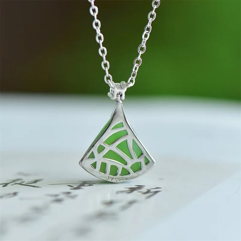 skirt clavicle chain pendant, S925 silver with fan-shaped Hetian jade inlay, passed inspection - view 4