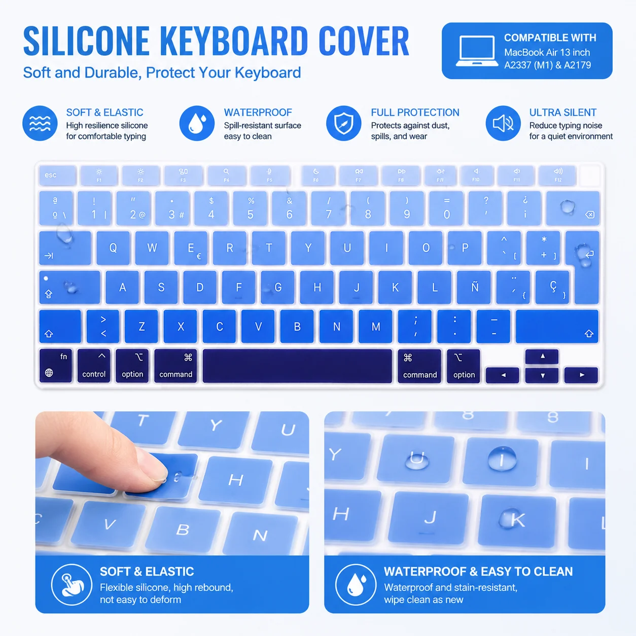Ultra Thin Soft Silicone Keyboard Cover for MacBook Air 13"2020 2021 2022 A2337 A2179 M1, Dustproof Keyboard Skin with Touch ID