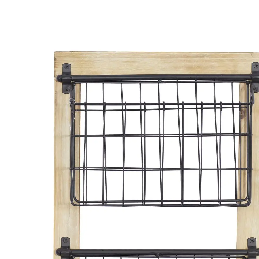 Porte-revues en métal à 3 fentes avec cadre en bois et paniers en fil suspendu, 14 x 5 x 34, noir