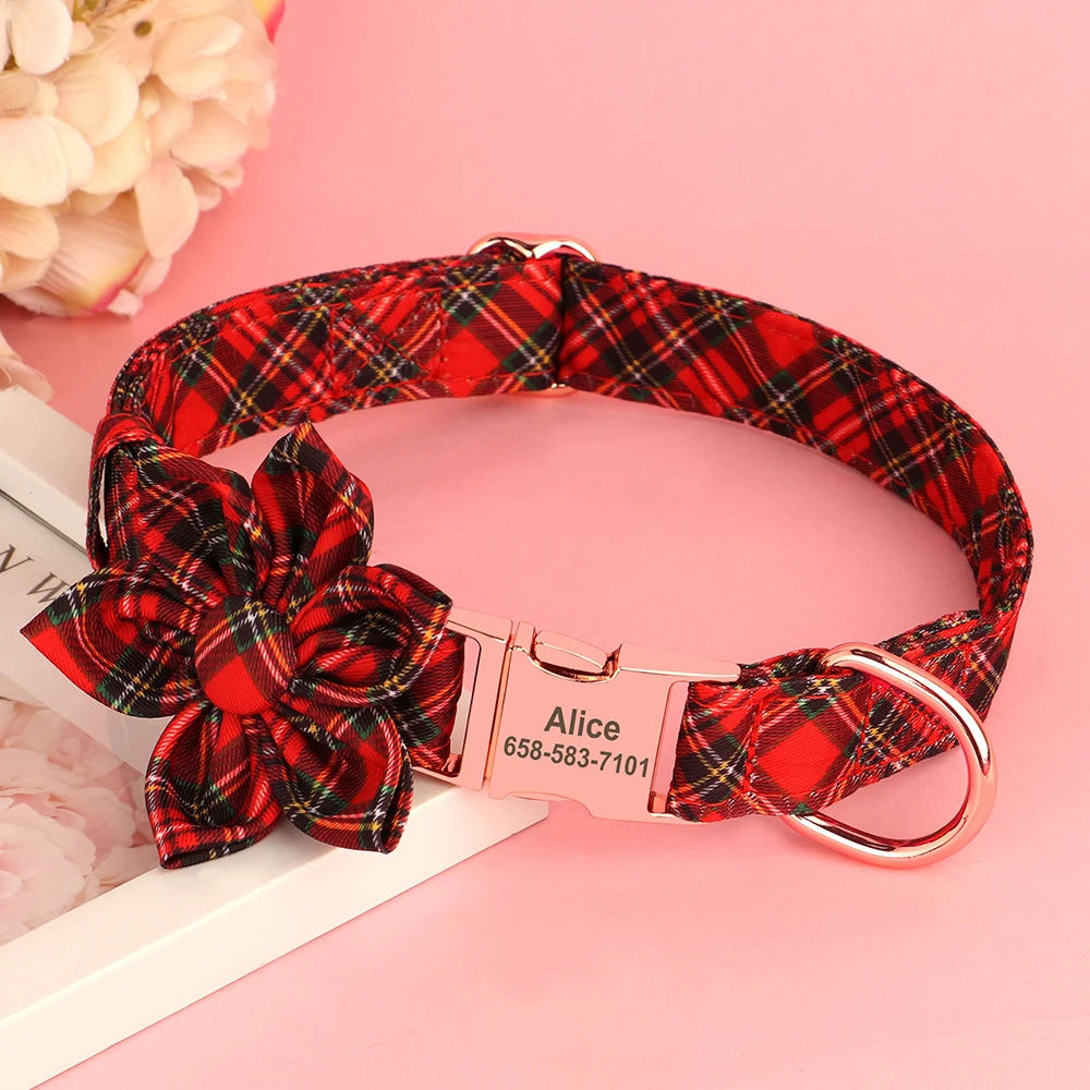 Personalized Christmas Dog Collar Customized Plaid Pet Collars With Flower Free Engraved Nameplate For Small Medium Large Dogs