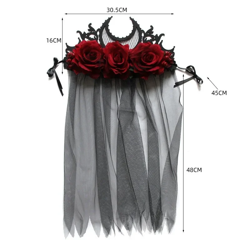 Gothic Tiara Crown สีดําสีแดง Rose แถบคาดศีรษะฮาโลวีน King เจ้าสาว Headdress แม่มดคอสเพลย์ Headdress Masquerade Party Headwear