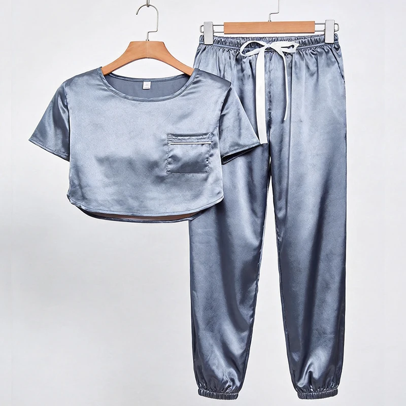 

Women Two-Piece Pajama Set Top and Pants O-Neck Bow Loungewear Thin Soft Solid Color Large Size Sleepwear Europe and America