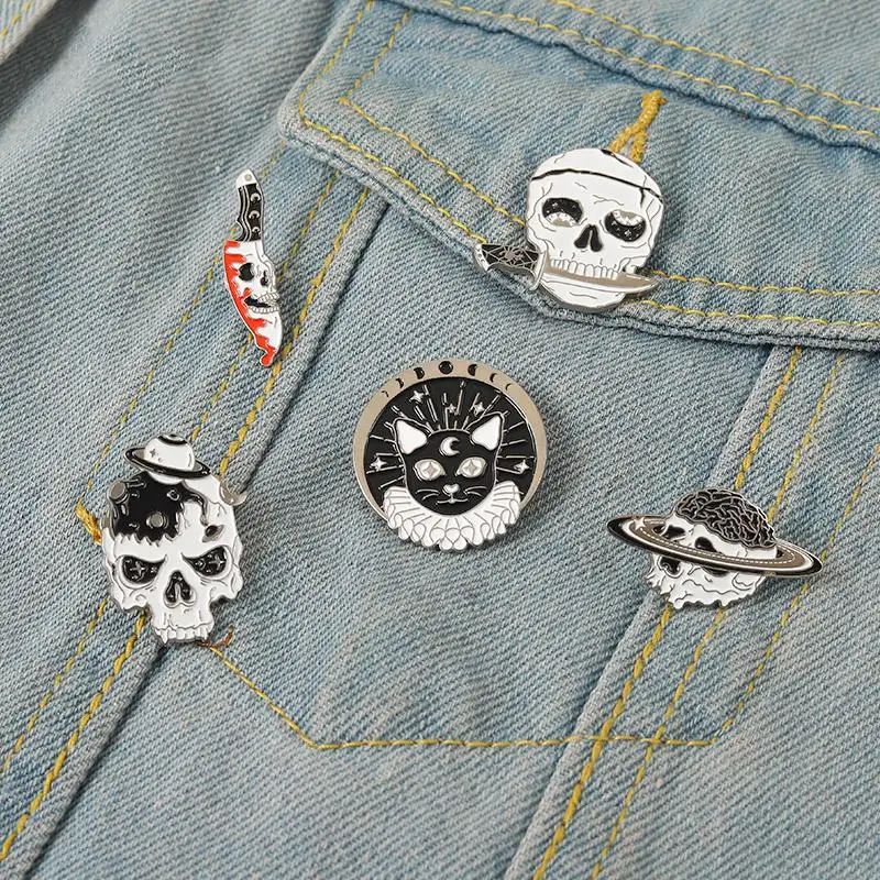 

Skeleton Dagger Enamel Pins Custom Universe Planet Adventure Cats Brooches Lapel Badges Punk Gothic Jewelry Gift for Friends