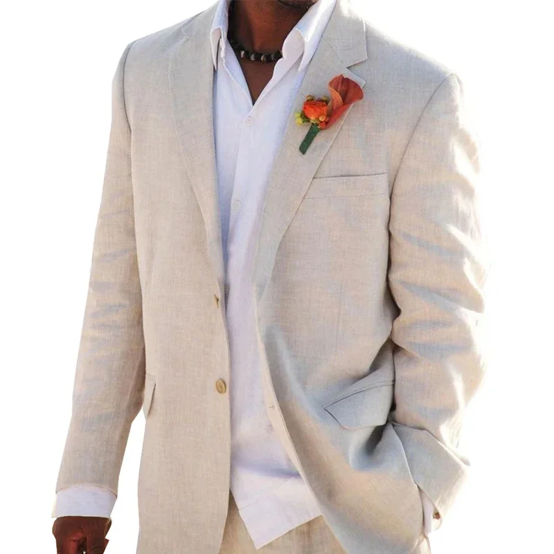 Linen Men's Suits For Summer Beach Wedding 2 Pieces American Style Jacket With Pants Bespoke Groom Tuxedos Male Fashion