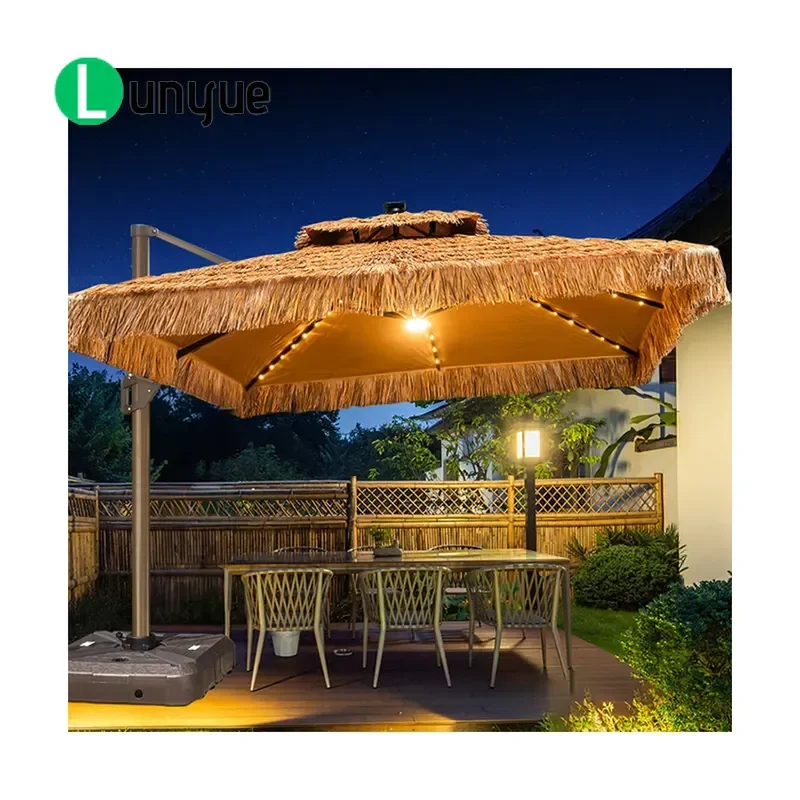 Outdoor Synthetic Thatched Roof Umbrella with Solar LED Light Garden Beach Grass Parasol Waterproof Sun Shade Decor