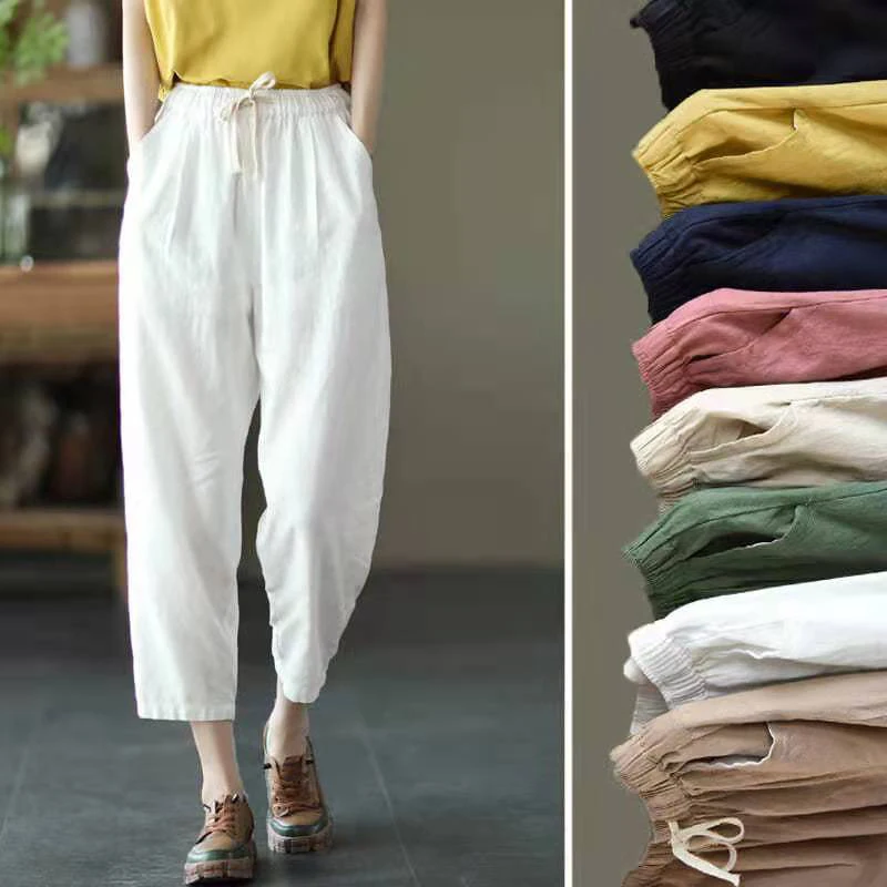 Solid Color Cotton and Linen Pants for Woman Vintage Loose Streetwear Harem Trousers Female Casual High Waist Drawstring Pants