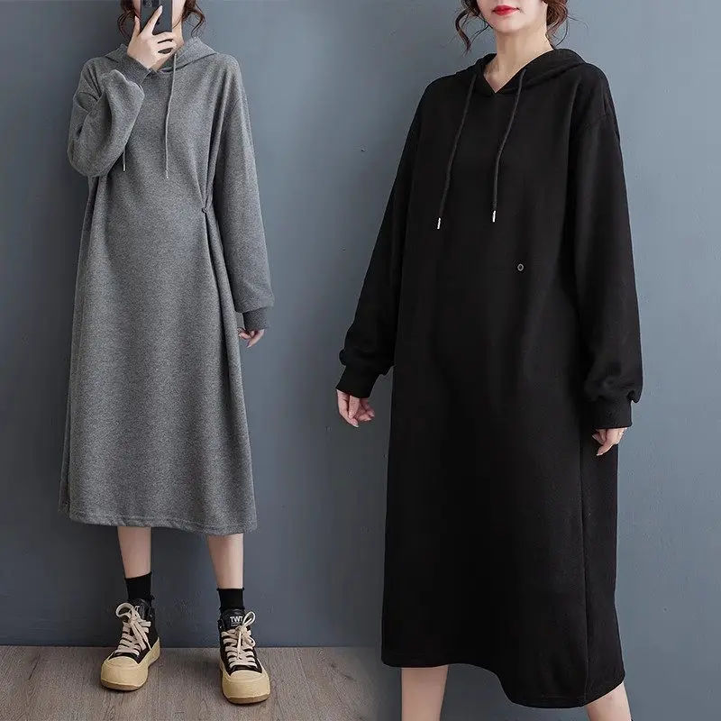 

Oversized Casual Dress For Women Autumn And Winter Pleated Waist Hooded Sweatshirt Dress Long Sleeve Midi Female Robes Z3708