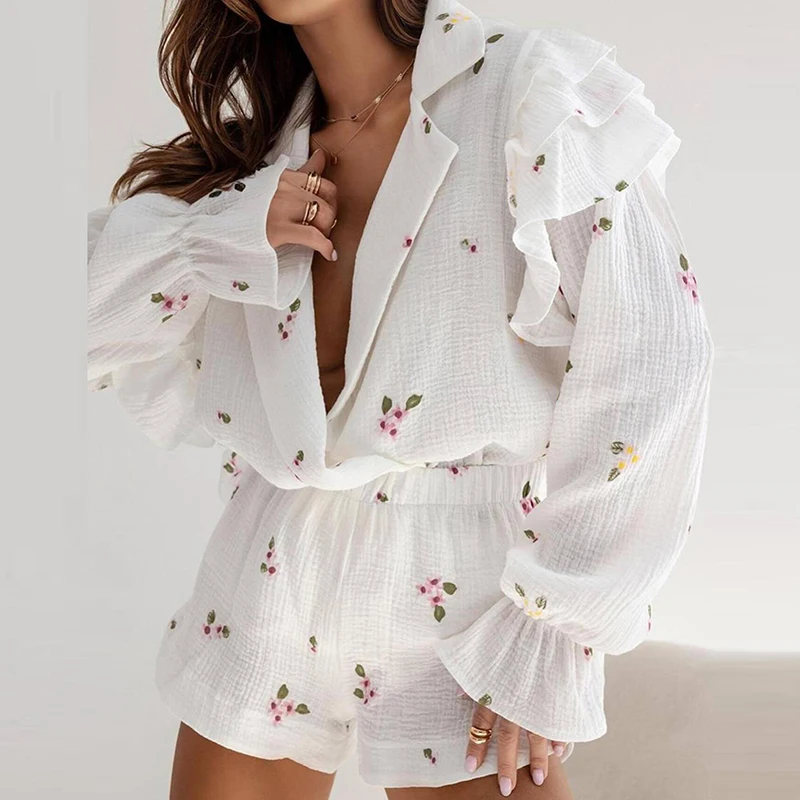 Women\'s Lapel Button Shirt and Shorts Suit 2024 Casual Long Sleeved Beach Outfits Spring Summer Fresh Floral Print 2 Piece Sets