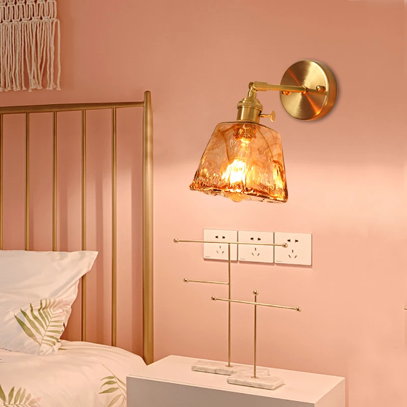 

Brass glass wall lamp homestay bar restaurant bedside wall lamp coffee shop bedroom lamp(With light source)