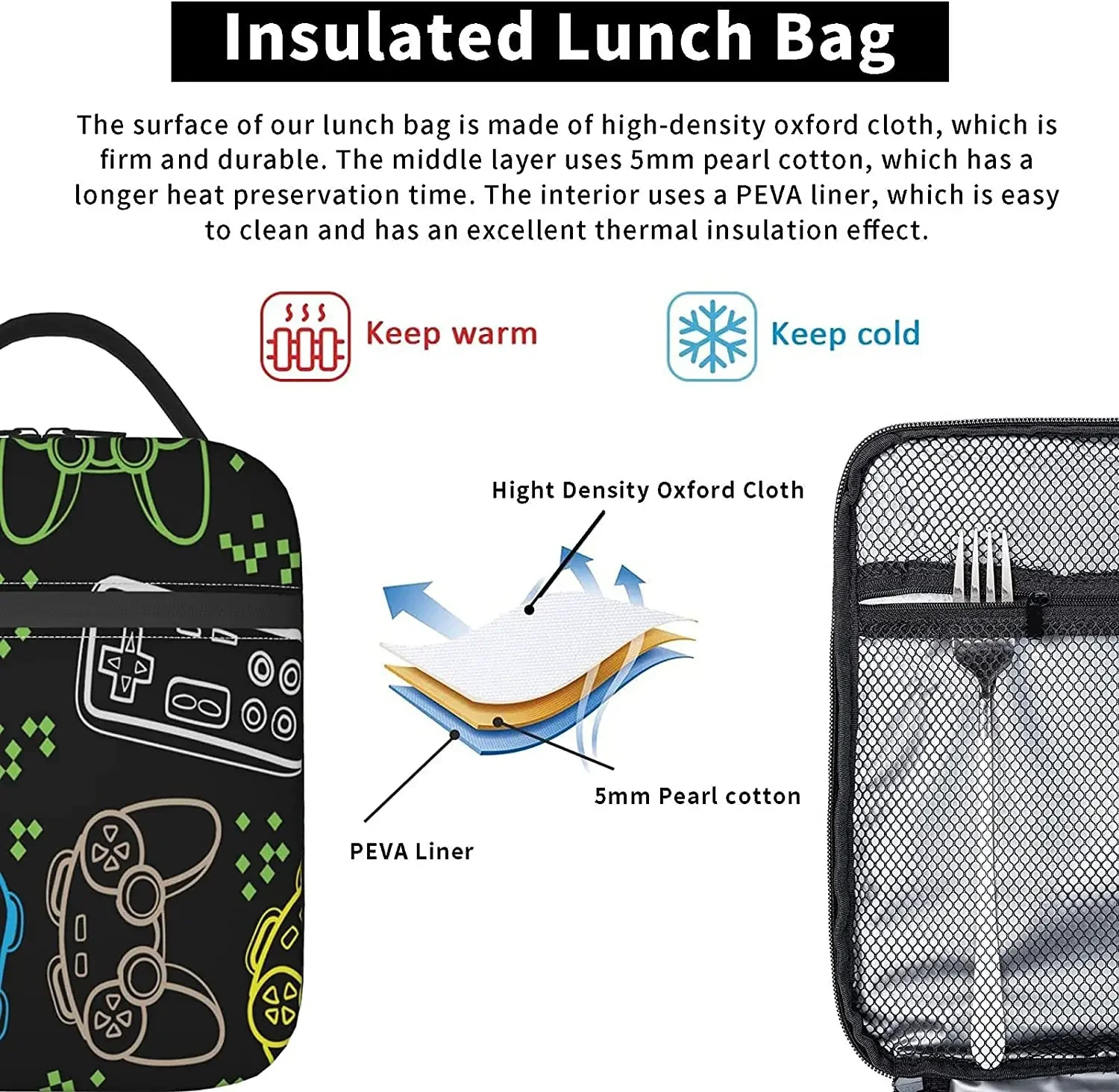 Game Cartoon Insulated Lunch Bag Lunch Box for Men Women Boys Girls Reusable Thermal Tote Bag for Office Work School Picnic