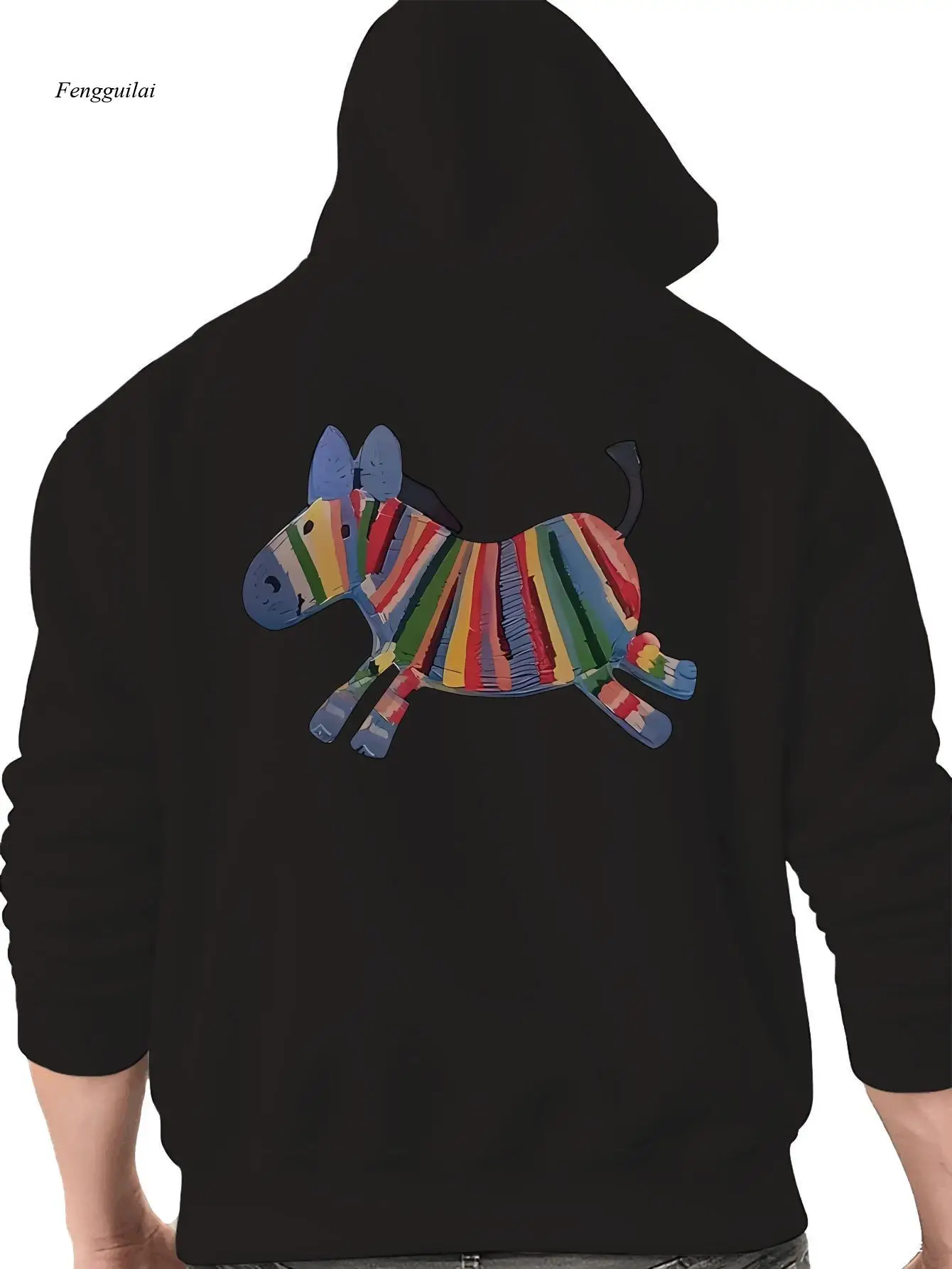 다채로운 당나귀 프린트 후디 - 생동감 넘치는 줄무늬 디자인의 트렌디한 레드 드로스트링 스웨트셔츠