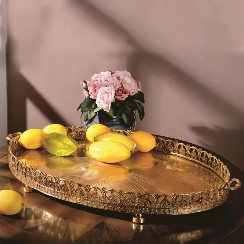 Round Brass Serving Tray with Dragon Pattern Large Fruit Plate for Home Decoration