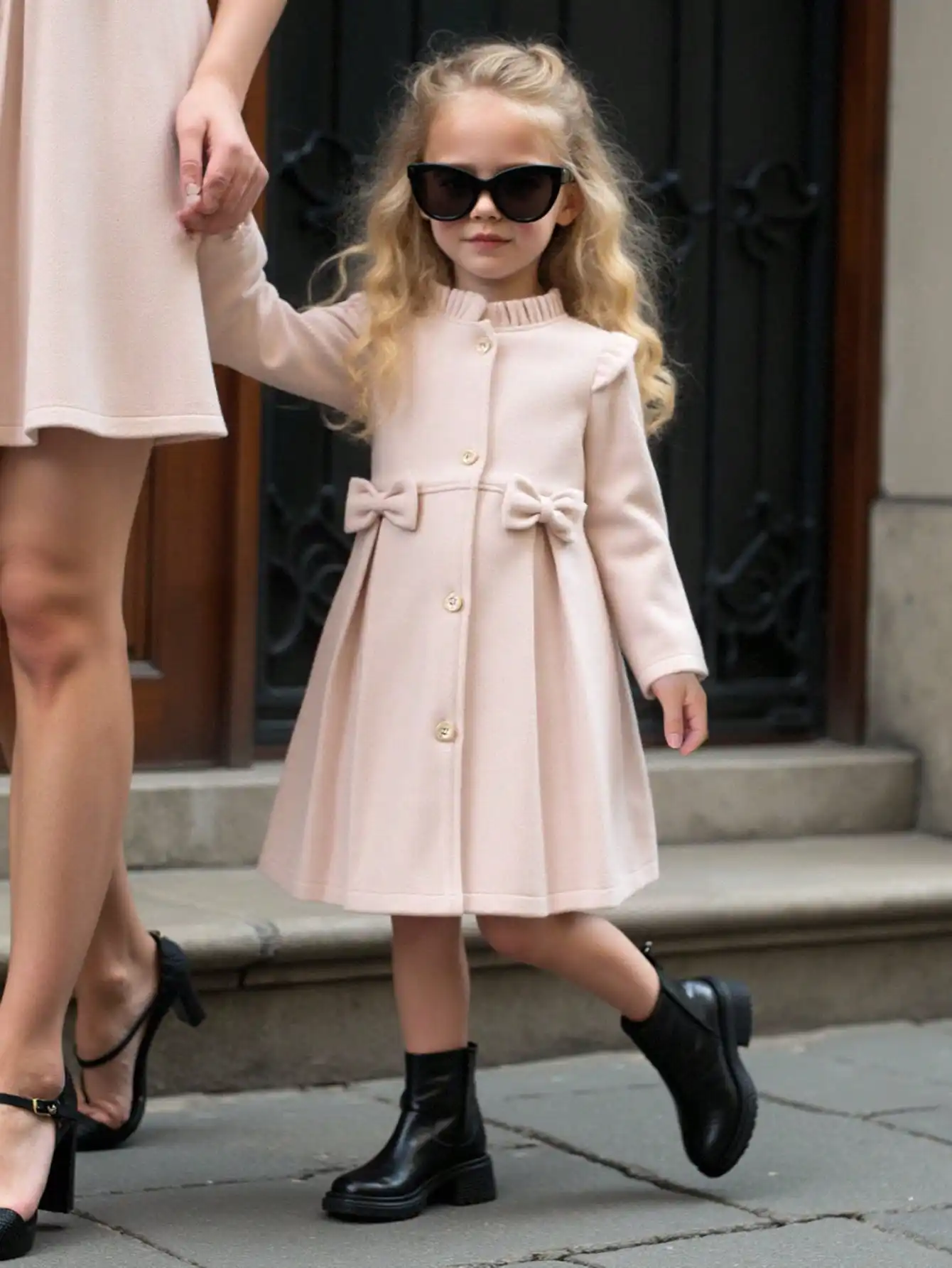 

A Light Beige Woolen Coat For Girls In Autumn And Winter, With A Small Stand-Up Collar And A Bow Decoration At The Waist