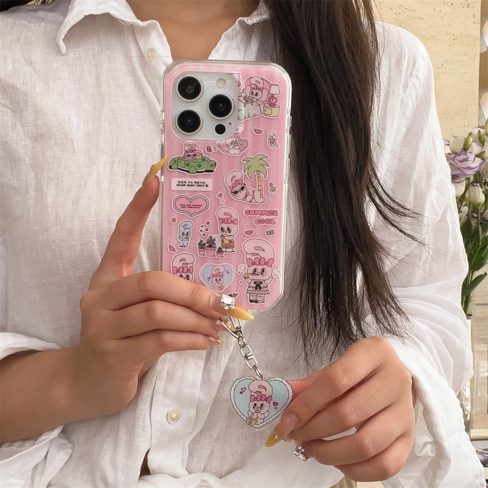 

Korean INS Stripes Esther Bunny Phone Case For iPhone 14 15 16 17 Pro Max Cartoon with charm Luxury fashion Lovely Protection Ca