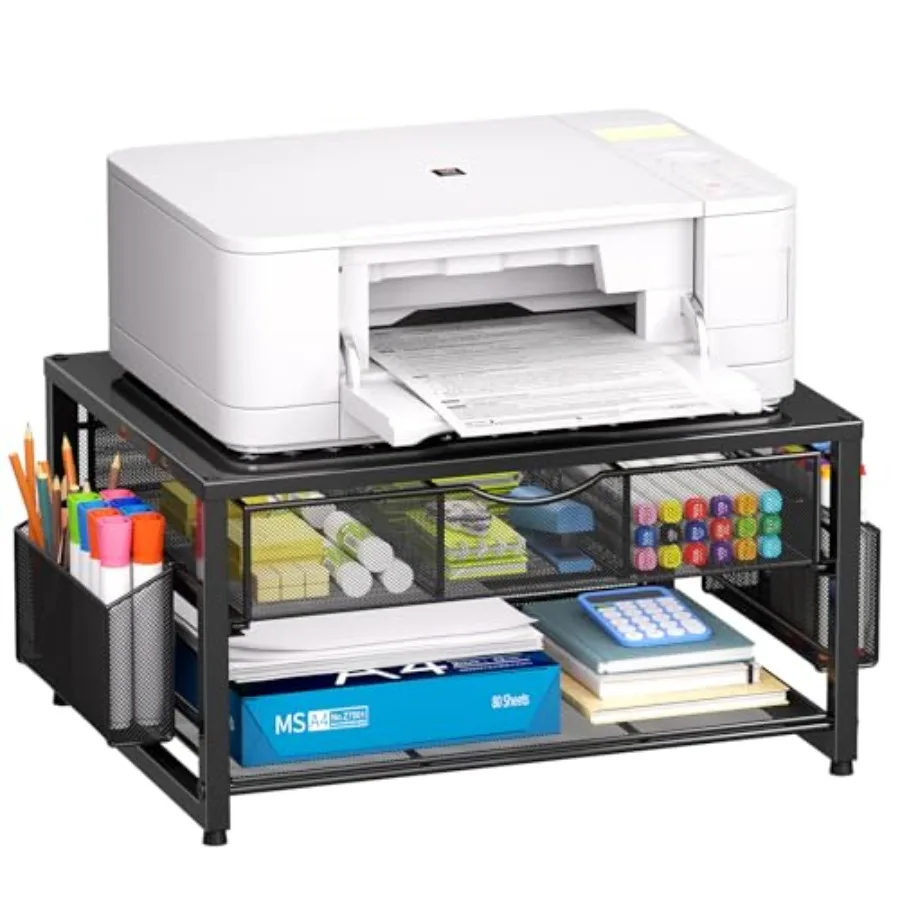 Metal Printer Stand for Desk with Storage Drawer and 2 Pen Holders 2-Tier Desktop Organizer Printer Table for Home Office Multi