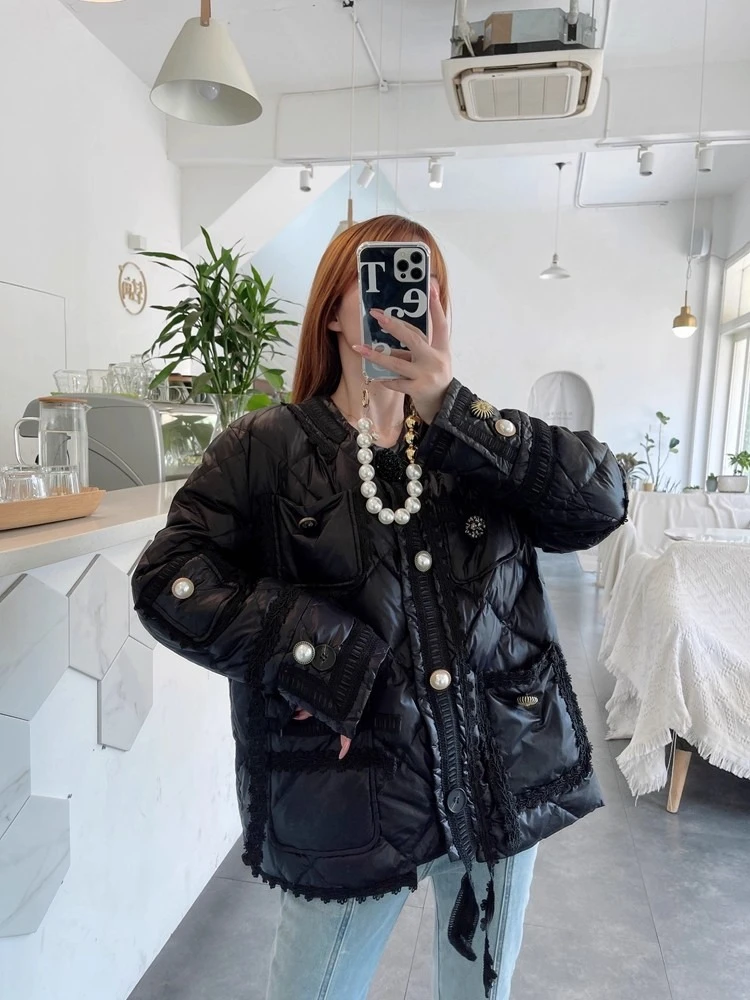 Kurtka puchowa z 90% białego puchu kaczego, nowa francuska parka w stylu socjalitki z pionowym kołnierzem, wieloma kieszeniami, zapinana na guziki, wysokiej jakości puchowa kurtka.