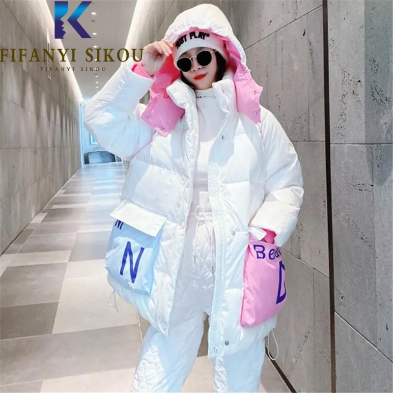 Letter Print Down Jacket Women Spliced Fashion Big Pocket Hooded Cotton Coat Streetwear Loose Thick Warm Parkas Winter Jacket