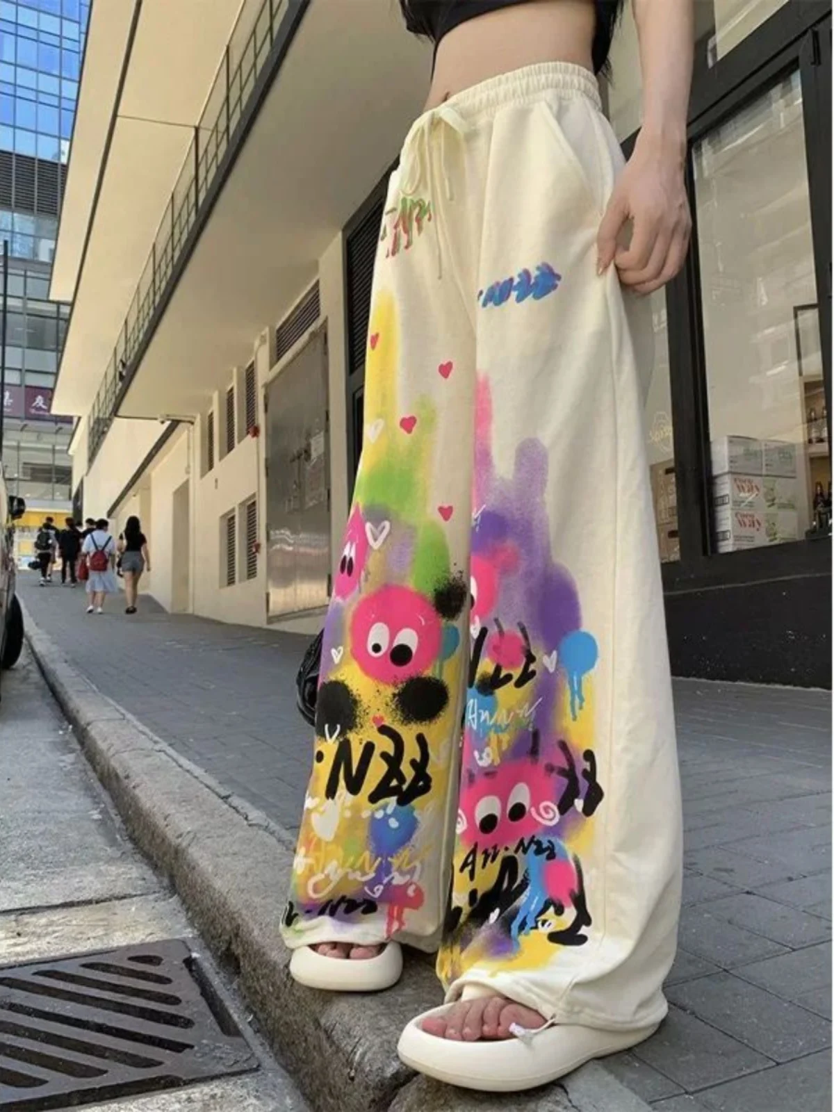 Cintura alta dstring calças largas perna casual fiti rua sle cintura alta confortável ajuste solto leggings